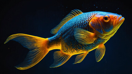 goldfish, blue lighting, yellow glow in the background