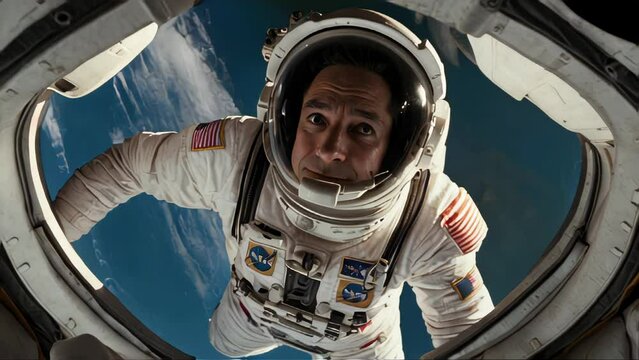 A man in a spacesuit is looking out of a window of a space shuttle
