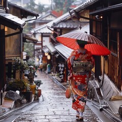 Traditional Japanese Street on a Rainy Day with Person in Kimono Holding Red Umbrella