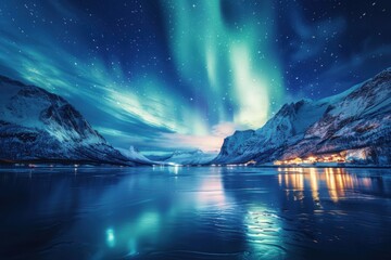 Mountains and a body of water with a green aurora light