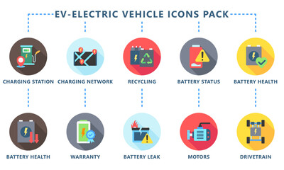 EV-Electric Vehicle rounded multi color icons pack, related to EV, electric vehicle, transportation, electric car and technology theme. use for modern concept, web and app development. Vector EPS 10