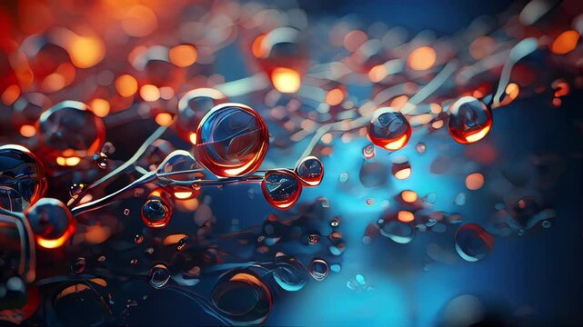 An atomic structure or a molecular model, central glowing nucleus surrounded by orbiting electrons spheres connected by lines, suggesting their paths or orbits