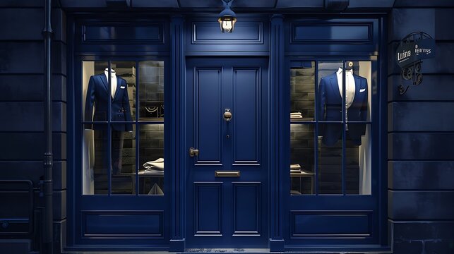 deep sapphire blue door on a high-end tailoring and alterations boutique, specializing in custom suits and dresses
