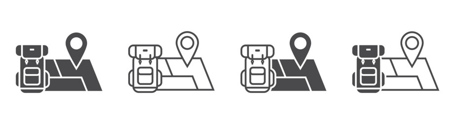 backpack and map with location pin flat and line icon set. travel and vacation symbols. isolated vector illustrations for tourism design