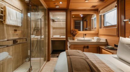 Fototapeta premium Each cabin features its own personal ensuite bathroom with highend amenities.