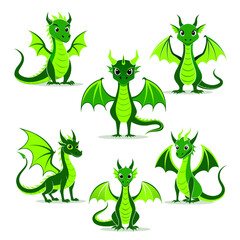 Obraz premium Six different playful, cartoon and whimsical style green dragons in various poses. 