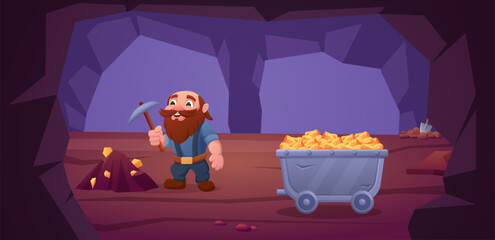 Cartoon mining background. Cute dwarf miner mines gold stones, nuggets and crystals in cave. Wooden trolley in mine tunnel, nowaday vector scene