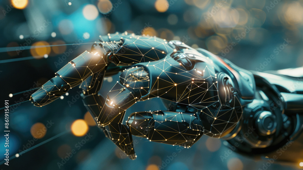 Poster mechanical robot hand in factory, futuristic ai machine arm on abstract digital background. concept 