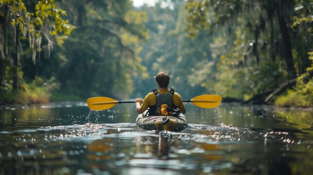 A lone kayaker floats down a calm forested river surrounded by dense greenery, in soft sunlight