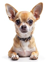 Adorable Chihuahua Dog Wearing Collar, Paw Raised in a Thumbs Up Gesture, Against White Background. Generative AI