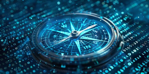 Futuristic Digital Compass with Glowing Binary Codes and Blue Tones