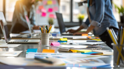 Business meeting conference casual businesspeople working together in office diversity professional comfortable office ambience with sticky notes computers paperwork workplace background