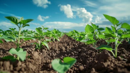 Rows of green soybean at idyllic sunset. Perfect agriculture fields as industry standard in harvest season. High quality photo