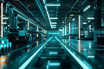 Fototapeta premium A futuristic production line with glowing blue lights and a sleek, modern design. Generative AI