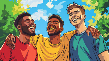 Happy group of diverse multi-racial, multi-ethnic young men friends laughing and smiling together in colorful t-shirts casual clothing motivational inspirational illustration on outdoor background 