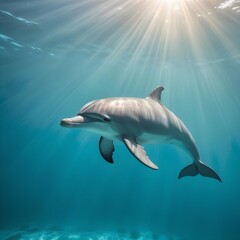 Obraz premium A pristine, white-colored dolphin smoothly navigating through a turquoise blue, sunlit underwater realm, creating a serene and captivating display background