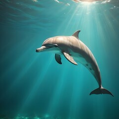 Obraz premium A pristine, white-colored dolphin smoothly navigating through a turquoise blue, sunlit underwater realm, creating a serene and captivating display background