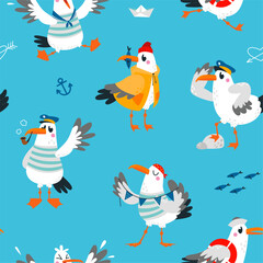 Seagull seamless pattern. Ocean adventures fabric print, childish wrapping design with sailor seagulls. Sea characters, classy vector background