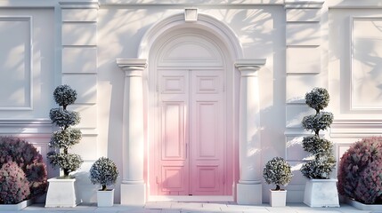 door painted in a gradient from pale pink to deep rose, framed by a classical white archway and flanked by topiaries