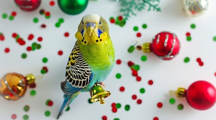 Cute Parakeet with Christmas Ornaments. Concept of holiday decorations, pet bird, festive celebration, funny parrot, budgerigar