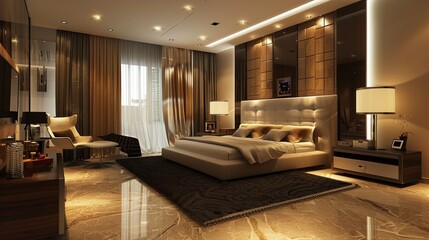 Fototapeta premium bedroom modern interior design, luxury hotel room, luxury apartment comfortable suite lounge