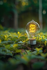 Lightbulb over green plants, concept of green energy and sustainability