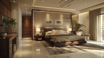 bedroom modern interior design, luxury hotel room, luxury apartment comfortable suite lounge