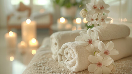 White towels with flowers and candles, spa composition