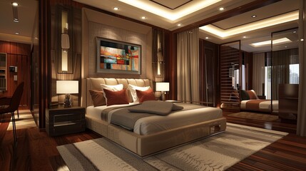 Fototapeta premium bedroom modern interior design, luxury hotel room, luxury apartment comfortable suite lounge