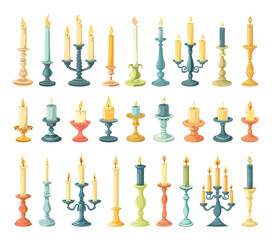 Cartoon Candlesticks Icon Set. White Background Simple Style Candle Holders Illustrations Home Decor Collection Vintage Lighting Accessories Decorative Candlesticks Ornate Designs
