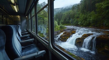 The soothing sound of a waterfall in the distance as the train passes by.