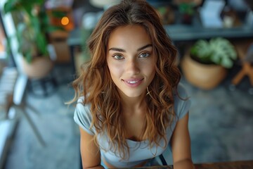Fototapeta premium photo of happy young businesswoman at contemporary office desk