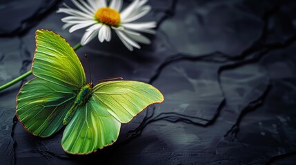 A neon green butterfly on a bright daisy, with a clean and smooth charcoal background for stark contrast