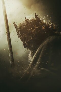 David, King of Israel. Portrait of a king with a crown and a sword in the rain.