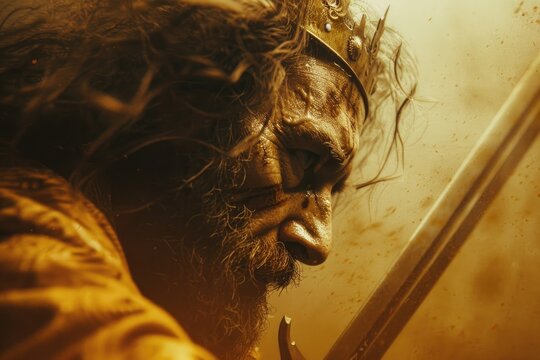 David, King of Israel. Close-up portrait of an ancient king with a sword in his hands.