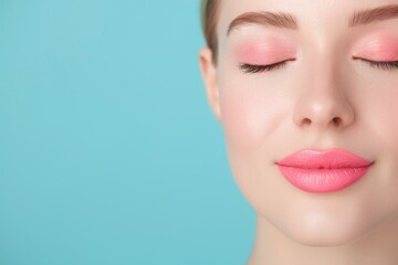 Obraz premium Close-Up of Woman's Face with Pink Lipstick and Closed Eyes on Blue Background. Studio Shot of Smooth Skin and Elegant Makeup. Captivating Image Highlighting Lips and Eye Makeup. Ideal for Beauty and 