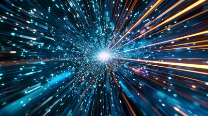 In the vastness of space, colorful light streaks and particles create a dynamic explosion of cosmic beauty