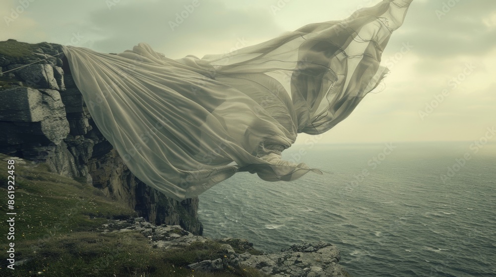 Poster the dreamlike image of a flowing fabric hanging by a thread from a perilous cliff edge.