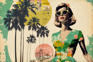 Young beautiful woman wearing 50s retro dress and sunglasses. Travel collage. Vintage style print poster.