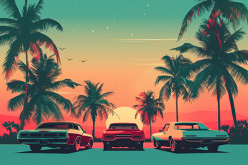 Obraz premium Retro Cars and Palm Trees on Sunset Background in California