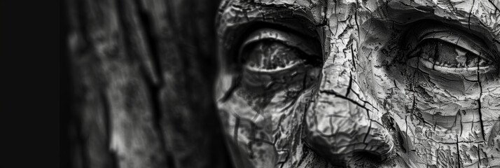 Deeply etched lines and sharp angles on a stoic and weathered face. Black and white art