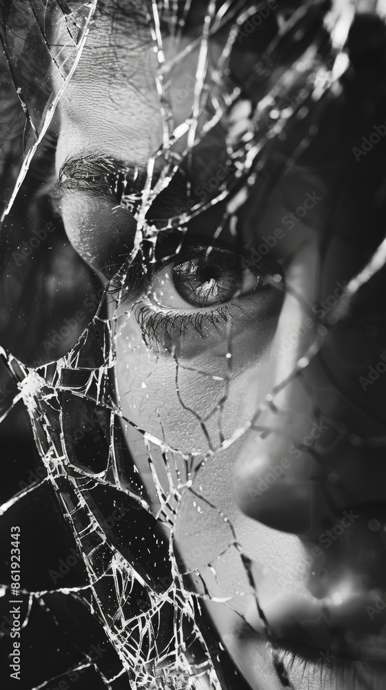 Aufkleber a person peering into a broken mirror their fragmented reflection creating an abstract image. black 