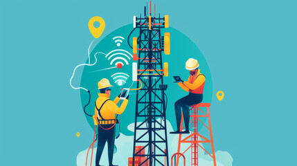 Naklejka premium Technicians use a speedy internet tool to check signal strength and improve the network. They use apps and a cartoon-shaped antenna to enhance connectivity.