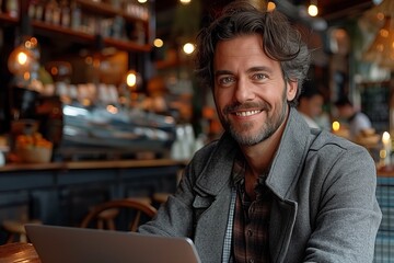 Obraz premium photo of businessman working on laptop in cafe
