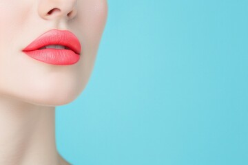 Fototapeta premium lose-Up of Woman's Lips with Pink Lipstick on Blue Background. Studio Shot of Smooth Skin and Perfect Lips. Ideal for Beauty and Cosmetic Advertising. Captivating Image Highlighting Lipstick and Skinc