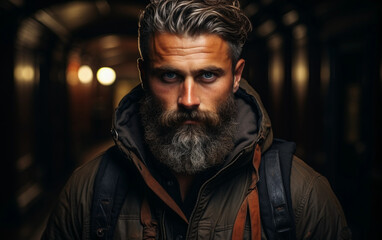 Obraz premium A man with a long beard and a dark jacket stands in a dimly lit alley
