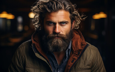 Obraz premium A close-up portrait of a man with a long, full beard and wavy hair, looking directly at the camera