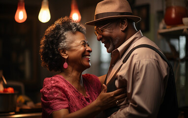 Fototapeta premium Elderly couple in brightly lit kitchen, smiling and gazing at each other. Woman in pink shirt, man in brown button down with suspenders