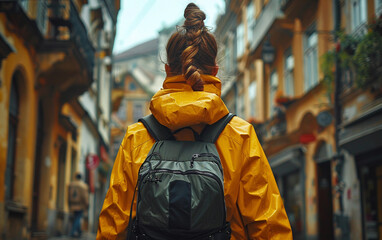 Obraz premium A woman in a yellow raincoat walks down a European street with a backpack