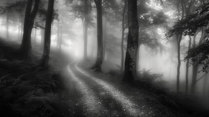 The misty veil creates a sense of detachment and enchantment for those who venture down the forest paths. Black and white art
